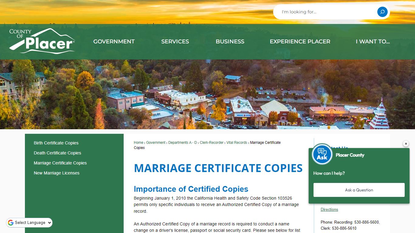 Marriage Certificate Copies | Placer County, CA