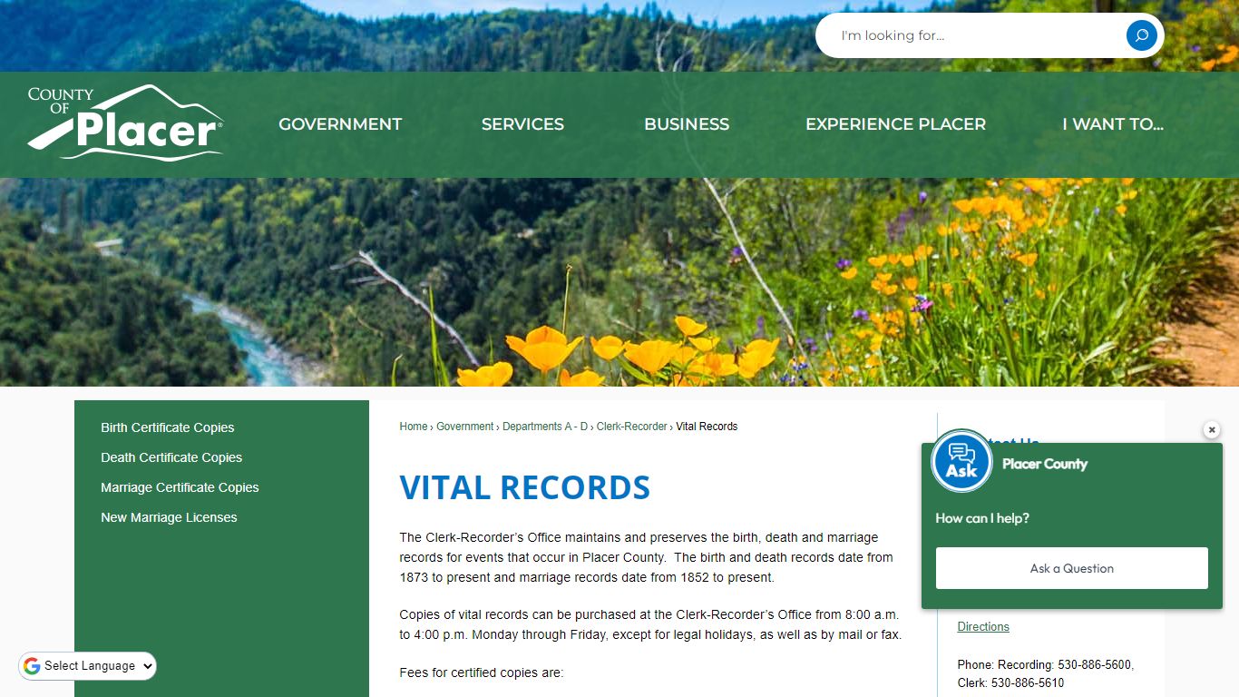 Vital Records | Placer County, CA