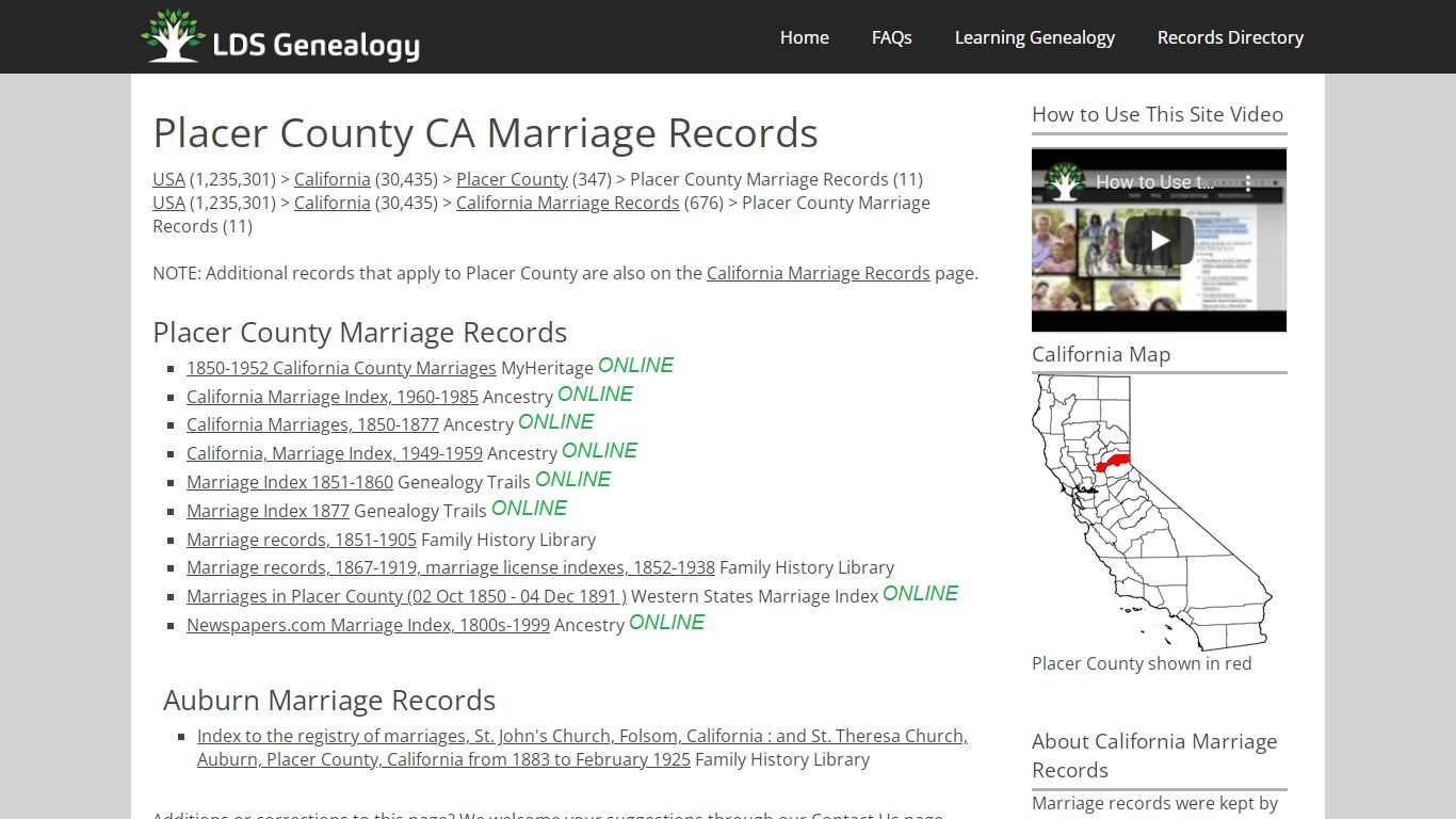 Placer County CA Marriage Records - LDS Genealogy