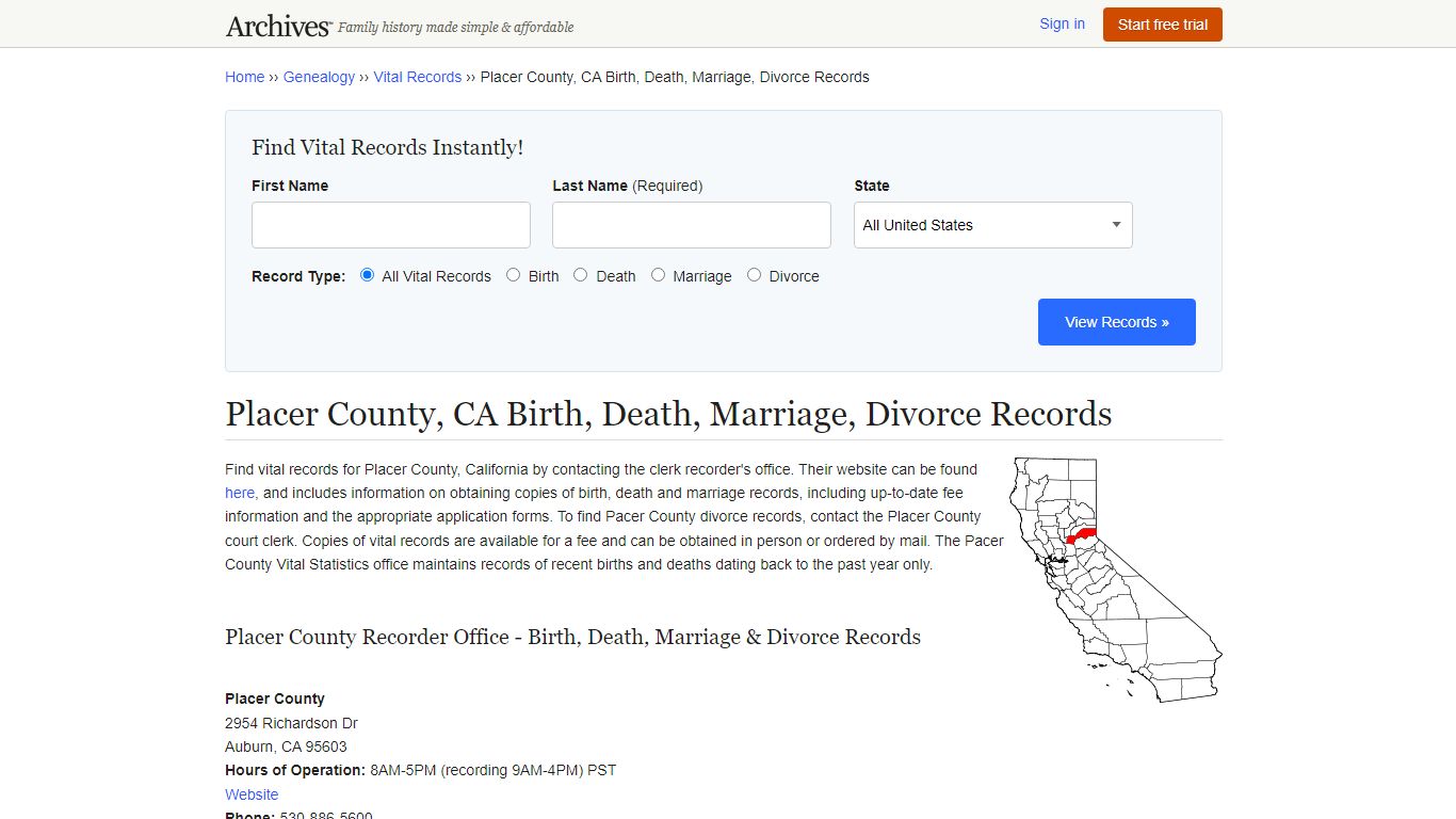 Placer County, CA Birth, Death, Marriage, Divorce Records